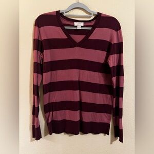 LOFT Women's Pink and Burgundy Striped Sweater Shirt Size Large
